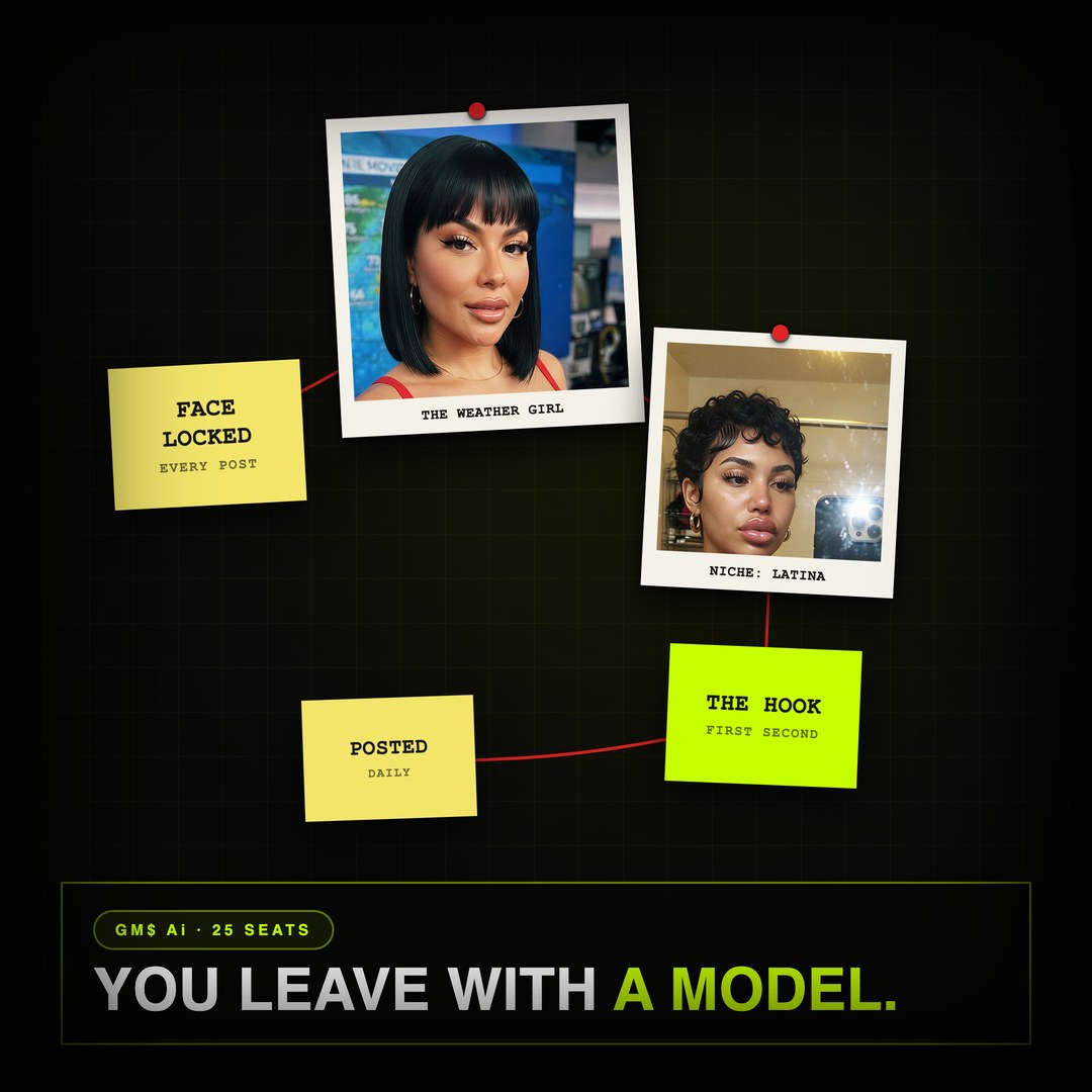 An investigation board on a dark wall: pinned photos of two AI models joined by red string to sticky notes reading FACE LOCKED and THE HOOK, lit in neon yellow green