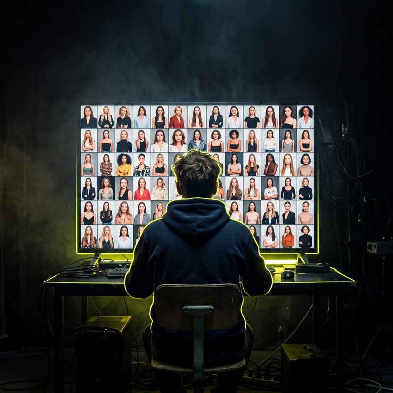 A dark studio at night, one person at a monitor filled with a grid of AI generated model portraits, neon yellow green light