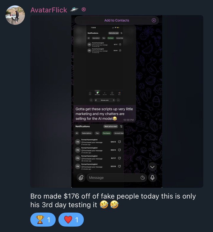 Fanvue purchase notifications, member made 176 dollars on day three of testing