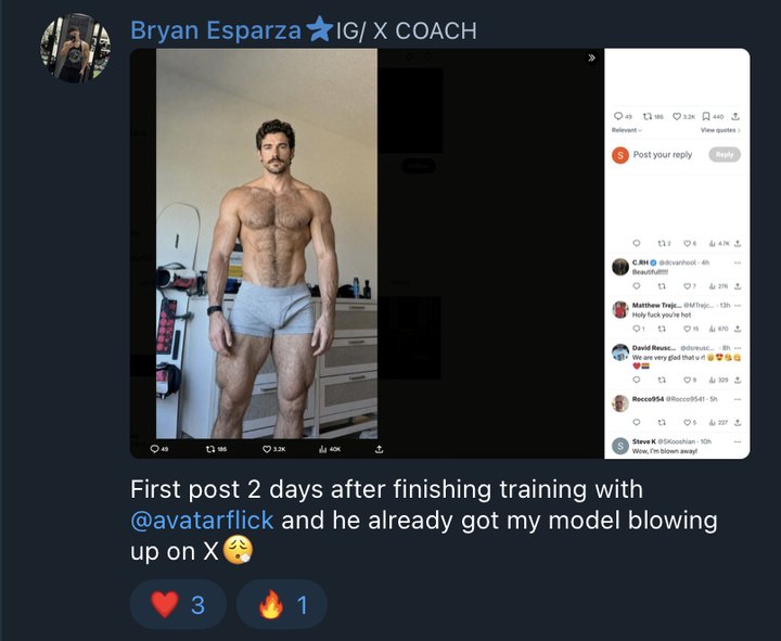 Coach Bryan: first post two days after finishing training and my model is already blowing up on X