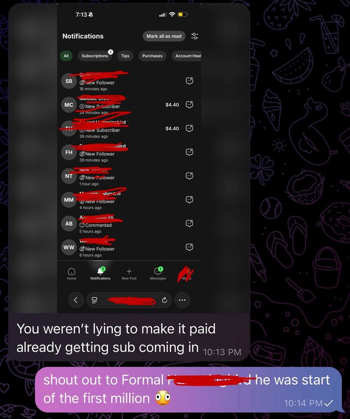 Fanvue notifications with new subscribers coming in, captioned start of the first million