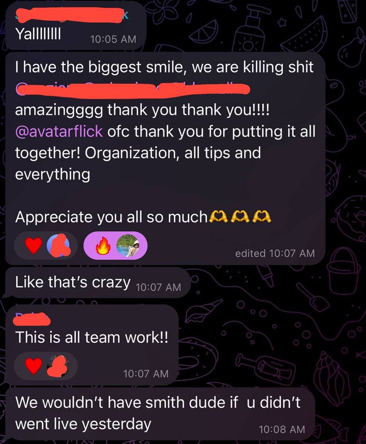 Group chat: biggest smile, we are killing it, thank you for putting it all together, this is all team work